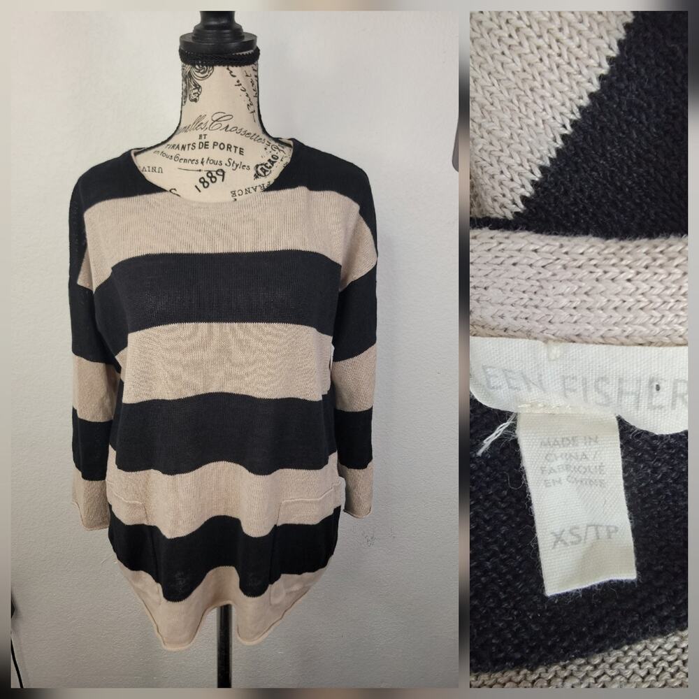 Eileen Fisher Knit Linen Top Sz XS Wide Stripped Fishnet 3/4 Sleeves Fisherman